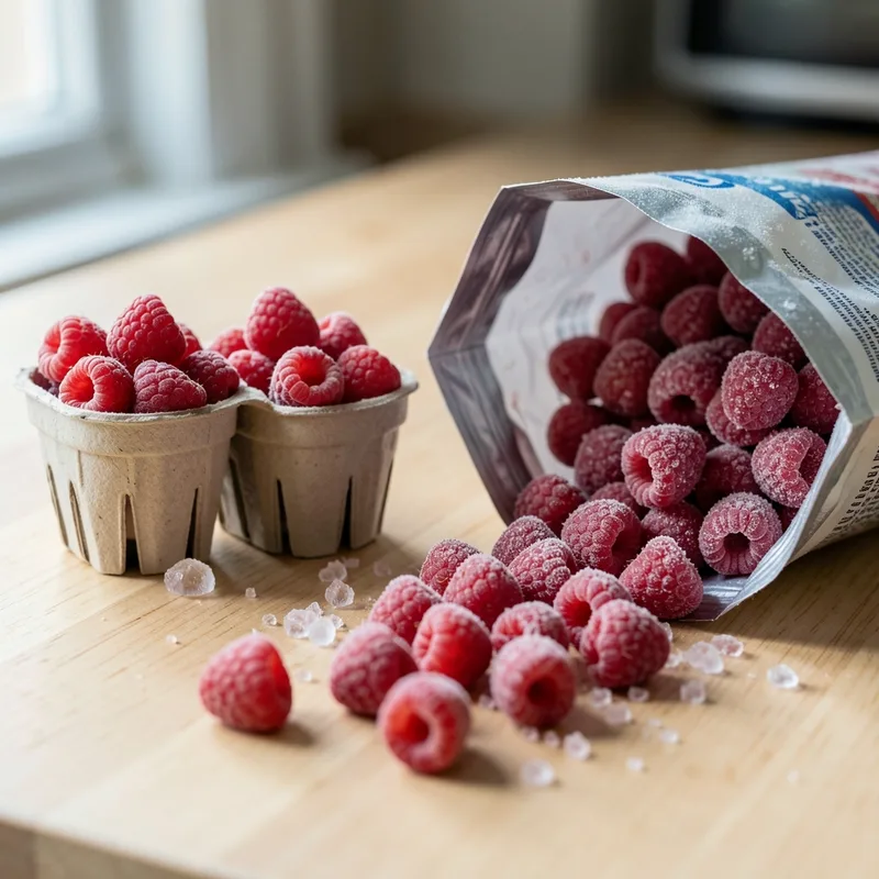 Barquettes de framboises fraîches et sachet de framboises surgelées posés sur un plan de travail en bois clair