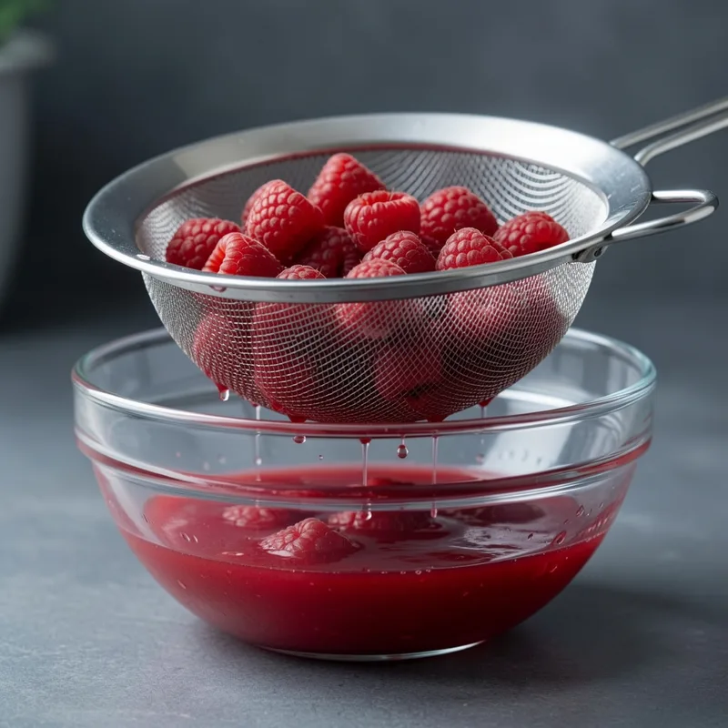 Framboises surgelées en cours de décongélation dans une passoire fine posée sur un bol en verre