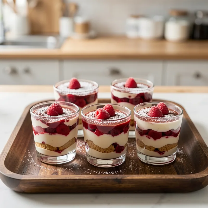 Verrines de tiramisu aux framboises alignées sur un plateau, couches roses et crème visibles