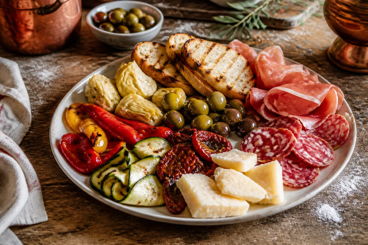 Plateau d&rsquo;antipasti composé de légumes marinés, charcuterie, fromages et pain grillé