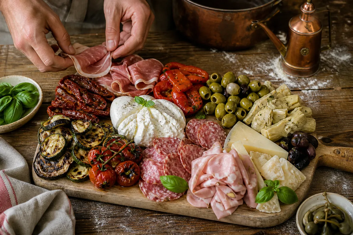 Plateau d&rsquo;antipasti en cours de dressage, éléments disposés par zones distinctes