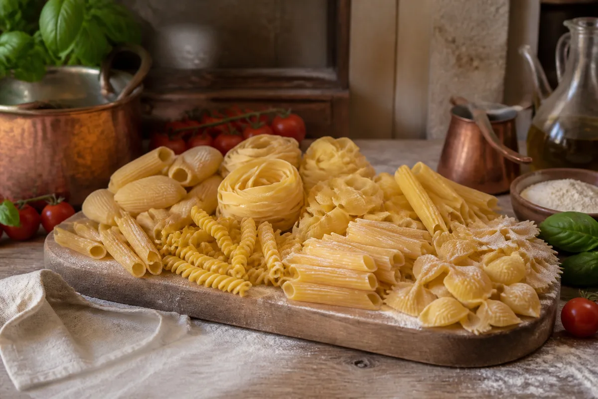 Assortiment de formats de pâtes italiennes disposés sur une planche de bois