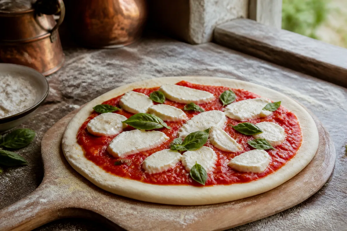 Pizza garnie de sauce tomate et de mozzarella prête à être enfournée sur une pelle