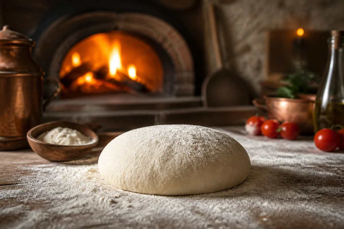 Pâton de pizza étalé à la main sur un plan fariné, sauce tomate et feuilles de basilic à côté