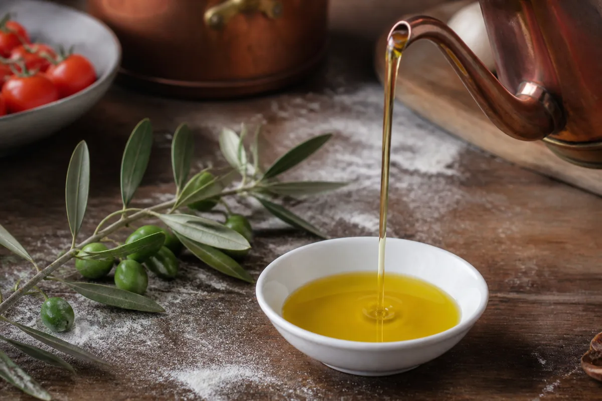 Étiquette arrière d’une bouteille d’huile d’olive détaillant catégorie, origine et date