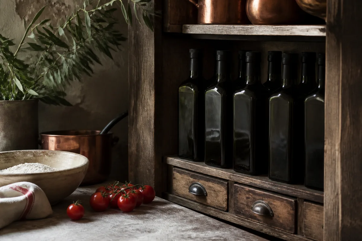 Bouteilles d’huile d’olive en verre sombre rangées à l’abri de la lumière