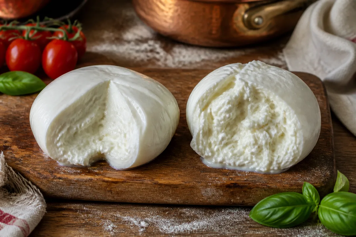 Deux boules de mozzarella tranchées côte à côte sur une planche, textures comparées