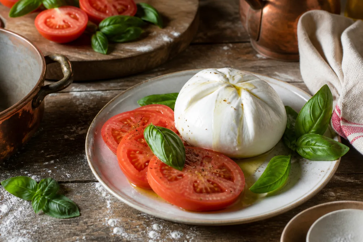 Mozzarella de bufflonne servie avec tomates, basilic et filet d’huile d’olive