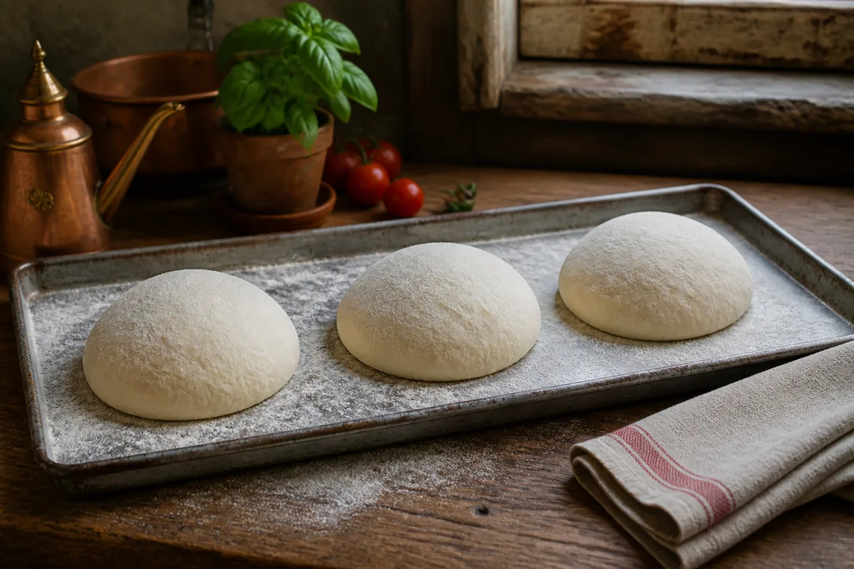 Pâton de pizza souple posé sur un plan de travail fariné, prêt à être étalé à la main