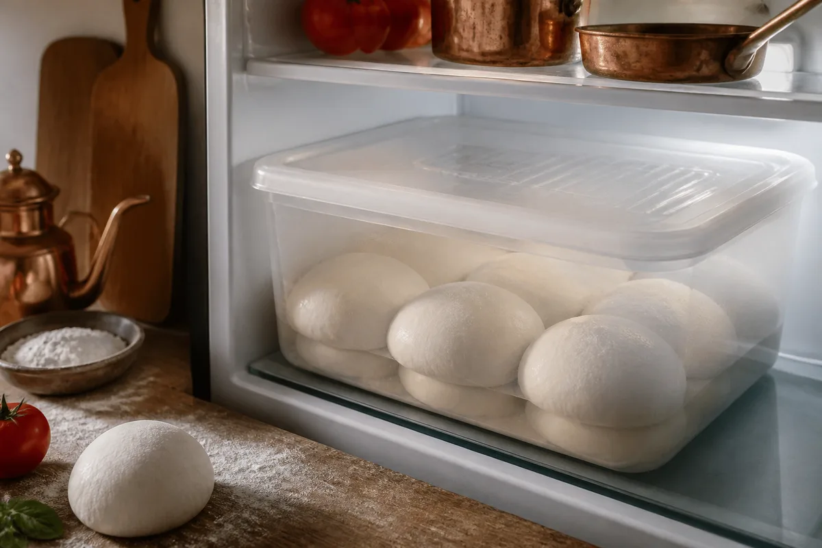 Pâtons de pizza en bac fermé, en maturation au réfrigérateur