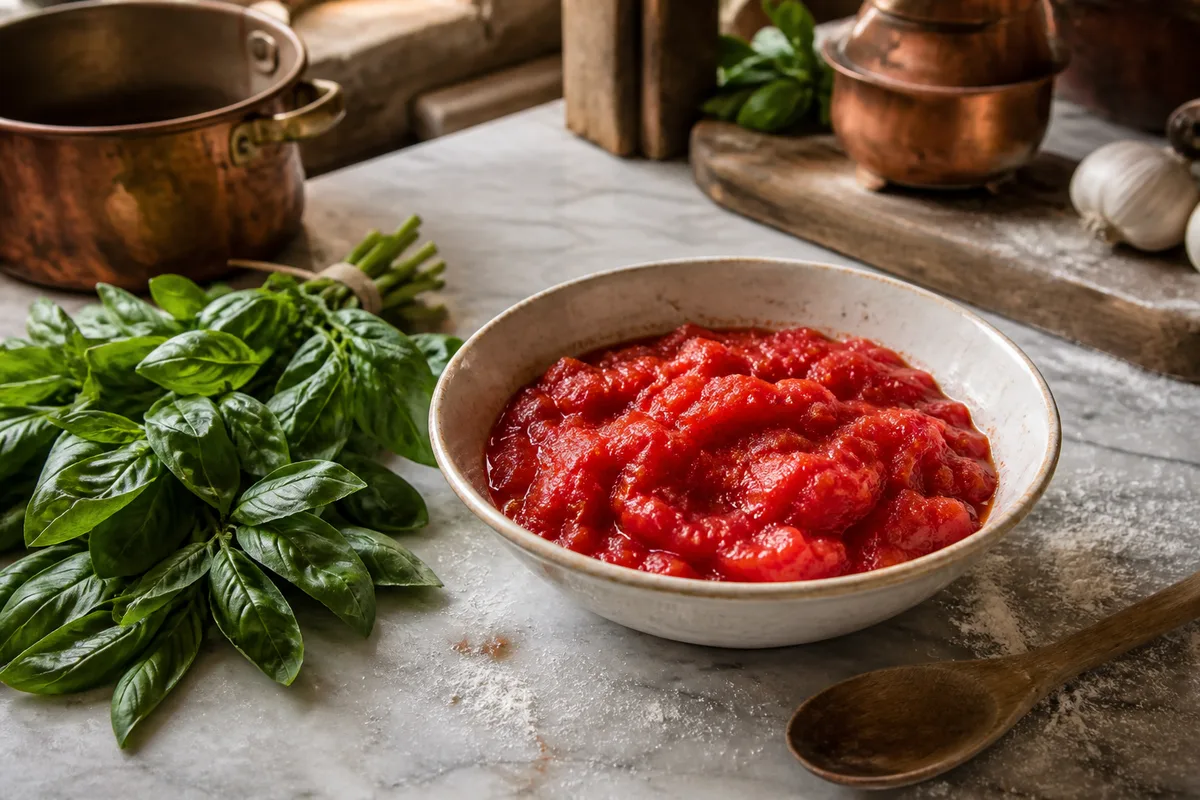 Tomates pelées écrasées à la main dans un saladier avec des feuilles de basilic