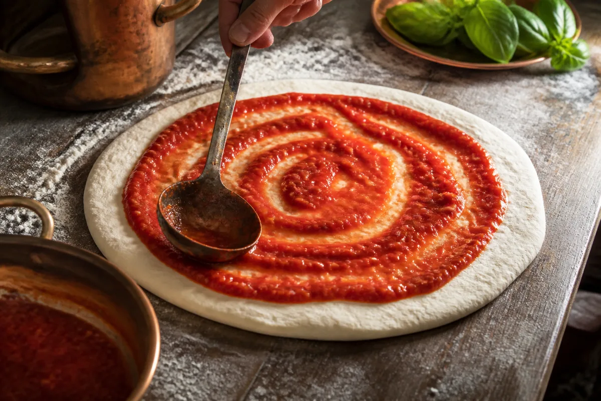 Louche de sauce tomate étalée en spirale sur un disque de pâte à pizza