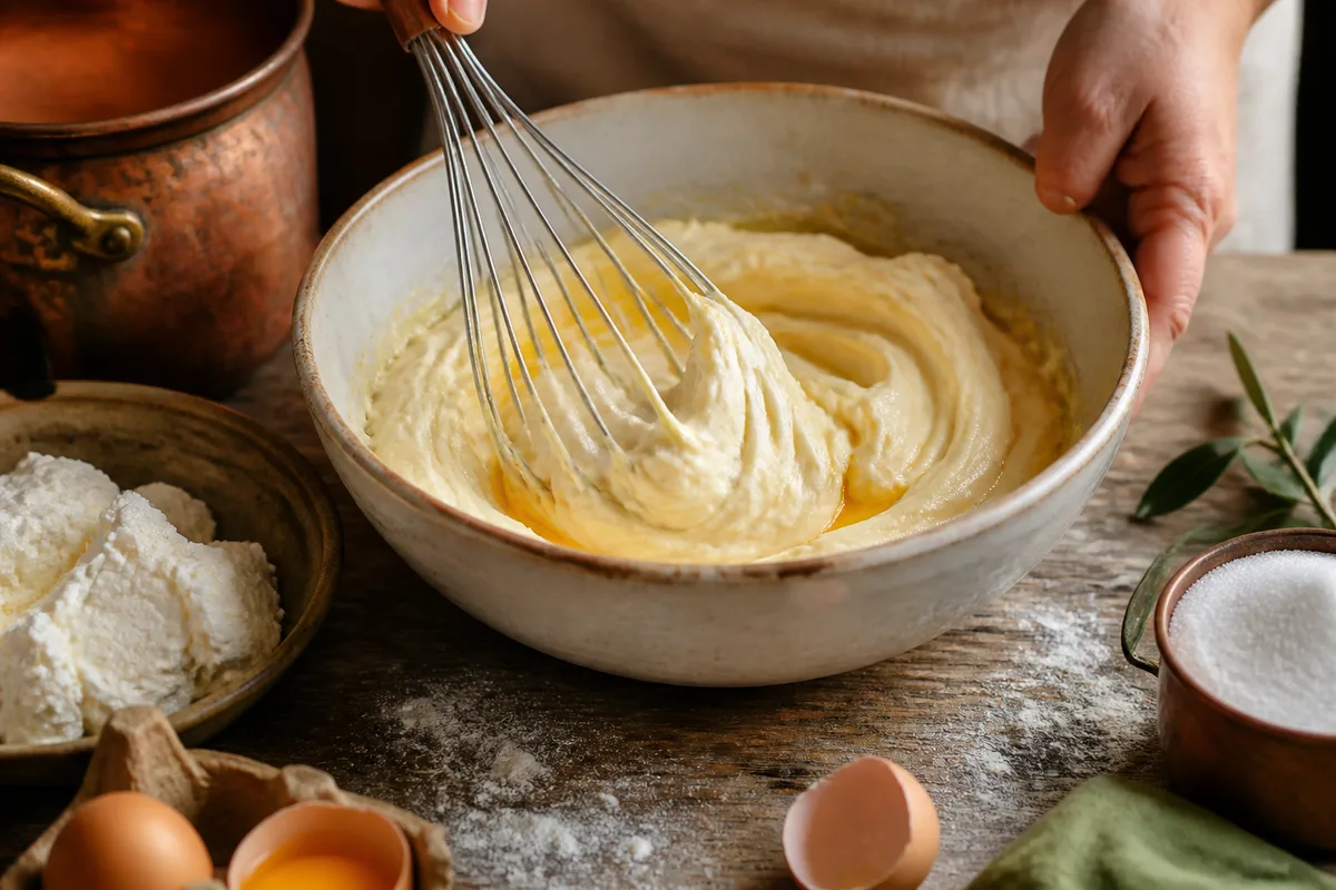 Mascarpone travaillé au fouet dans un saladier avec des jaunes montés au sucre