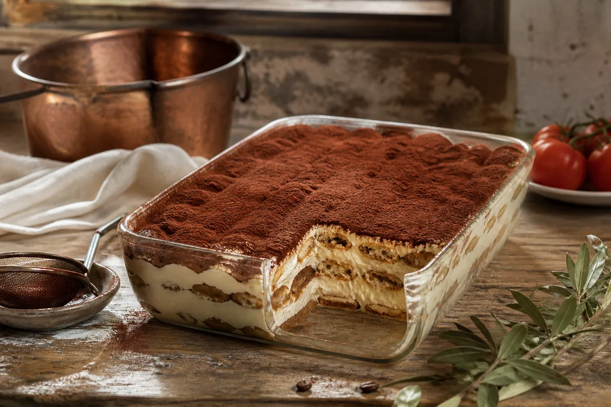 Tiramisu monté en couches dans un plat rectangulaire, saupoudré de cacao